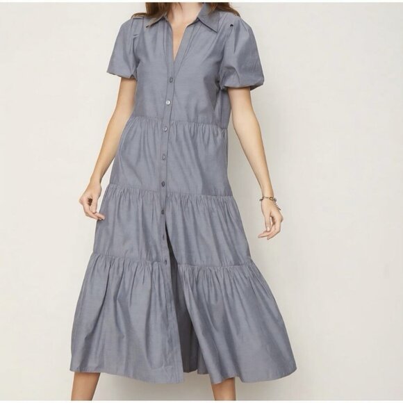 Brochu Walker The Havana Puff Sleeve Tiered Midi Dress In Washed Slate Sz M - Picture 1 of 11